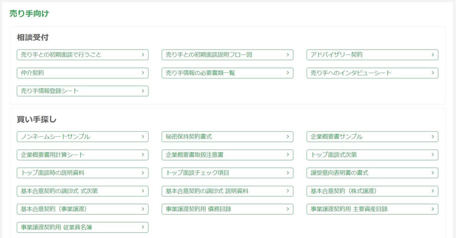書式集の画面。相談受付・買い手探しのフェーズ別に、初期面談の手引書や秘密保持契約書式などが並ぶ