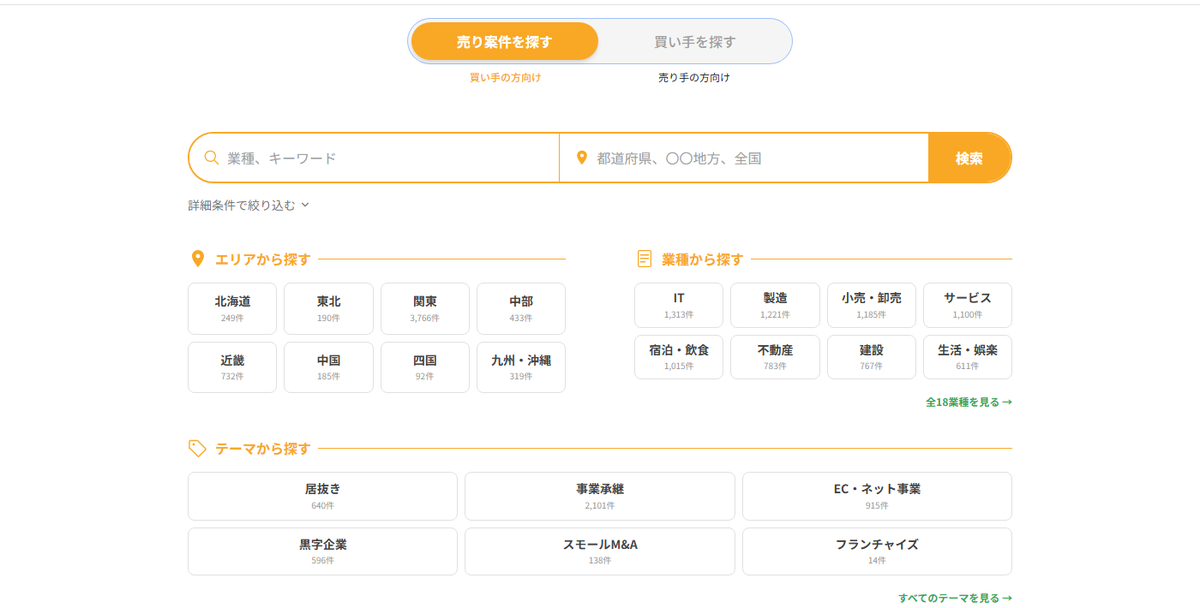MANDAトップページの検索画面。検索窓の下にエリア別・業種別のカテゴリが並ぶ